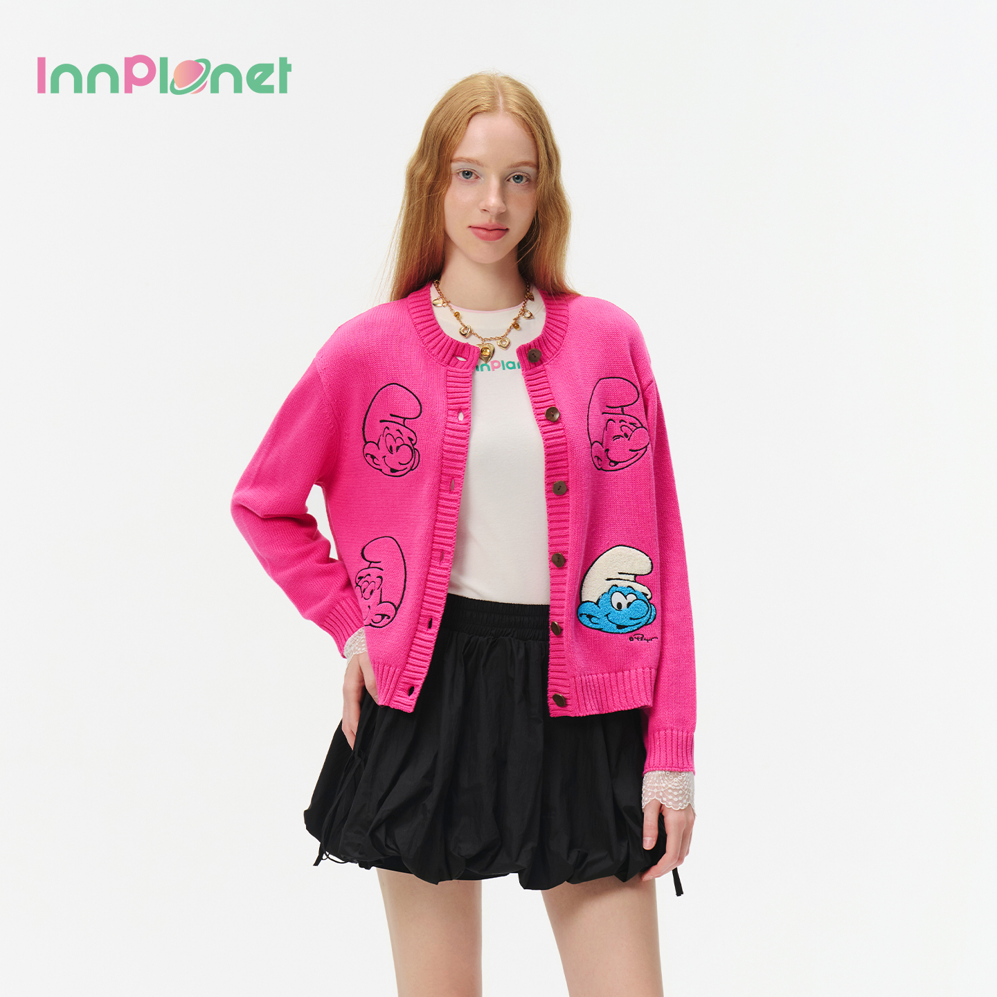 innplanet25秋冬新款蓝精灵系列甜美全棉刺绣针织开衫PO31KN825A