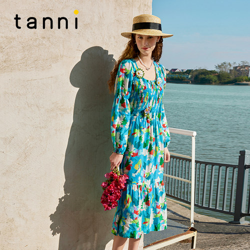 tanni浪漫法式印花司马克连衣裙
