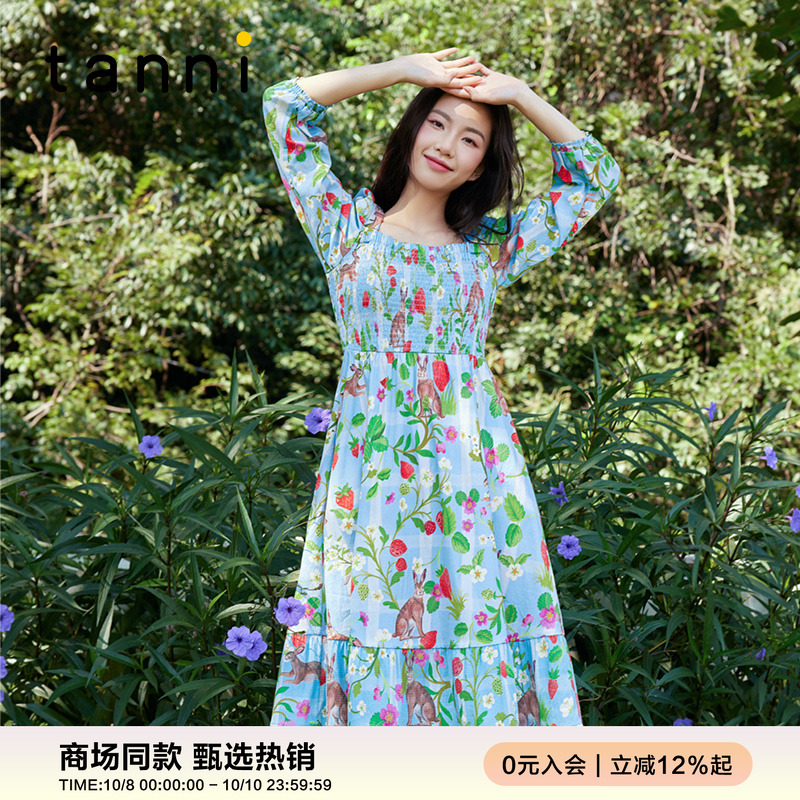 tanni宽松度假休闲X版方领连衣裙