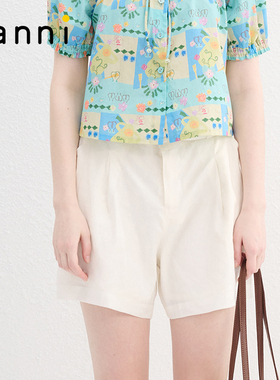 tanni通勤百搭感松紧腰阔腿直筒显瘦亚麻休闲裤短裤TN11SP055A