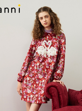 tanni新款精致优雅绣片新中式衬衫领A版连衣裙TM31DR044A