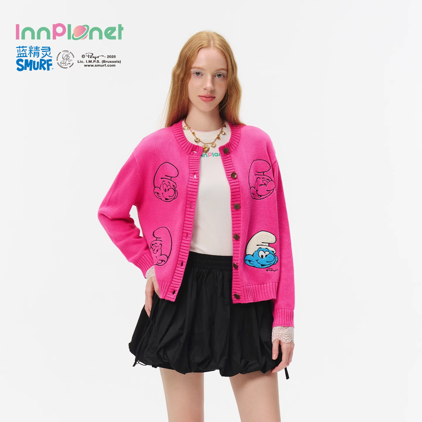 innplanet25秋冬新款蓝精灵系列甜美全棉刺绣针织开衫PO31KN825A