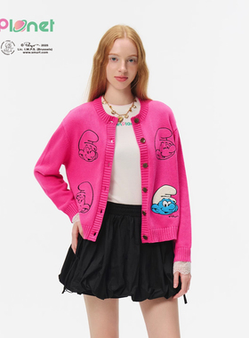 innplanet26春夏新款蓝精灵系列甜美全棉刺绣针织开衫PO31KN825A