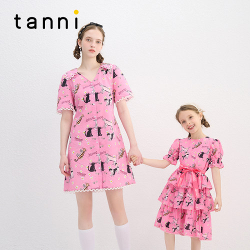 tanni野雏菊猫语印花连衣裙
