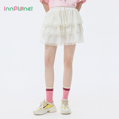 innplanet26夏新款芭蕾风甜美少女蕾丝花边A字短裙松紧腰抽绳半裙