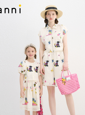 tanni春夏新款休闲印花绣花无袖设计上衣短裤亲子套装TN11BL051A