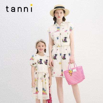 tanni春夏新款休闲印花绣花无袖设计上衣短裤亲子套装TN11BL051A
