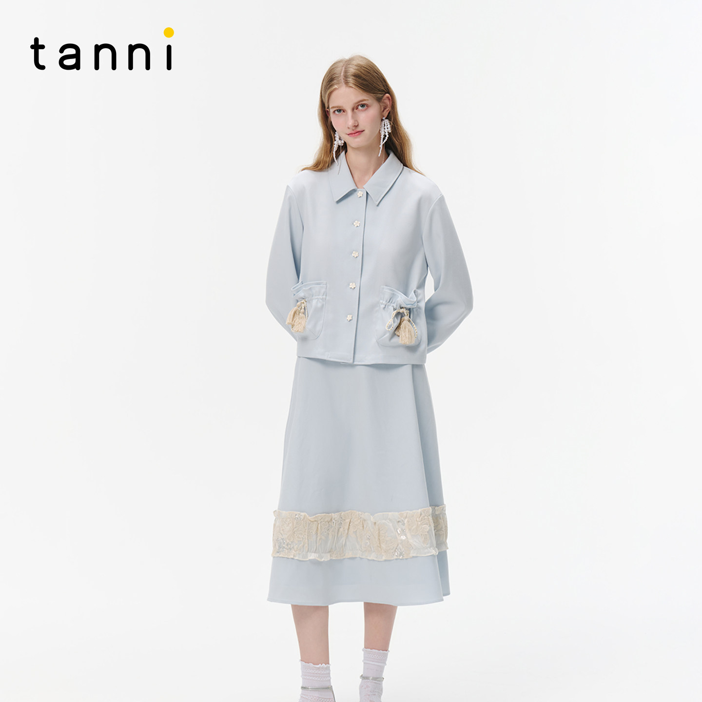 tanni新款简约气质蕾丝拼接衬衫A字型衬衫半身裙套装TO31SH153A