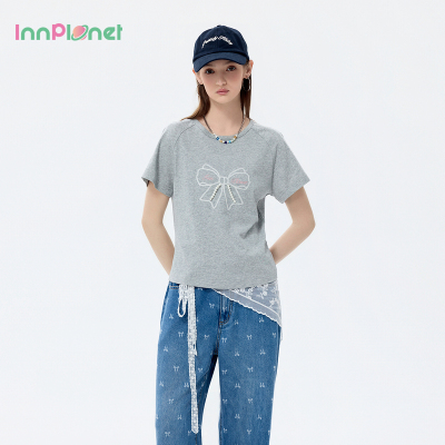 innplanet26夏季新款甜美少女风简约百搭纯棉蝴蝶结灰色T恤上衣女