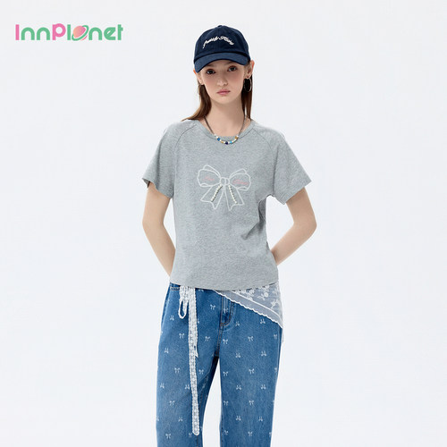 innplanet26夏季新款甜美少女风简约百搭纯棉蝴蝶结灰色T恤上衣女