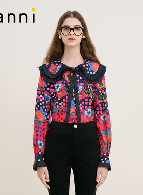 tanni新款法式减龄大翻领设计趣味涂鸦衬衣TM31SH034A