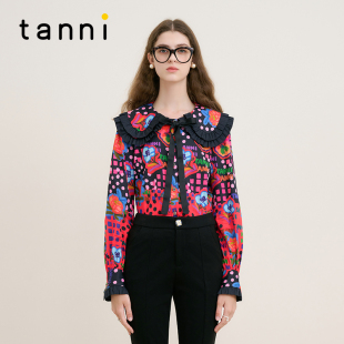 tanni新款 减龄大翻领设计趣味涂鸦衬衣TM31SH034A 法式