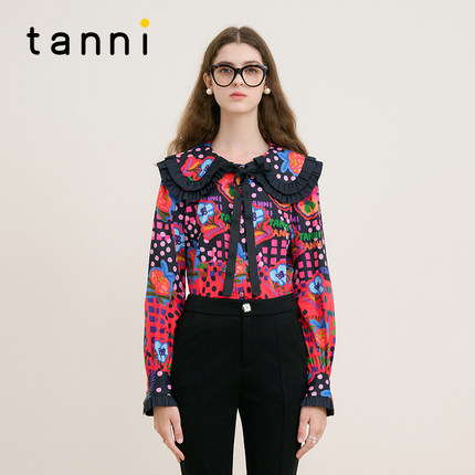 tanni新款法式减龄大翻领设计趣味涂鸦衬衣TM31SH034A