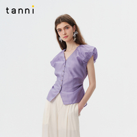 tanni復(fù)古溫柔氣質(zhì)V領(lǐng)泡泡袖上衣