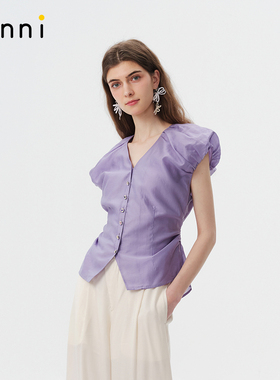 tanni早春新款南法复古温柔气质显瘦V领泡泡袖背心上衣TO11BL019A