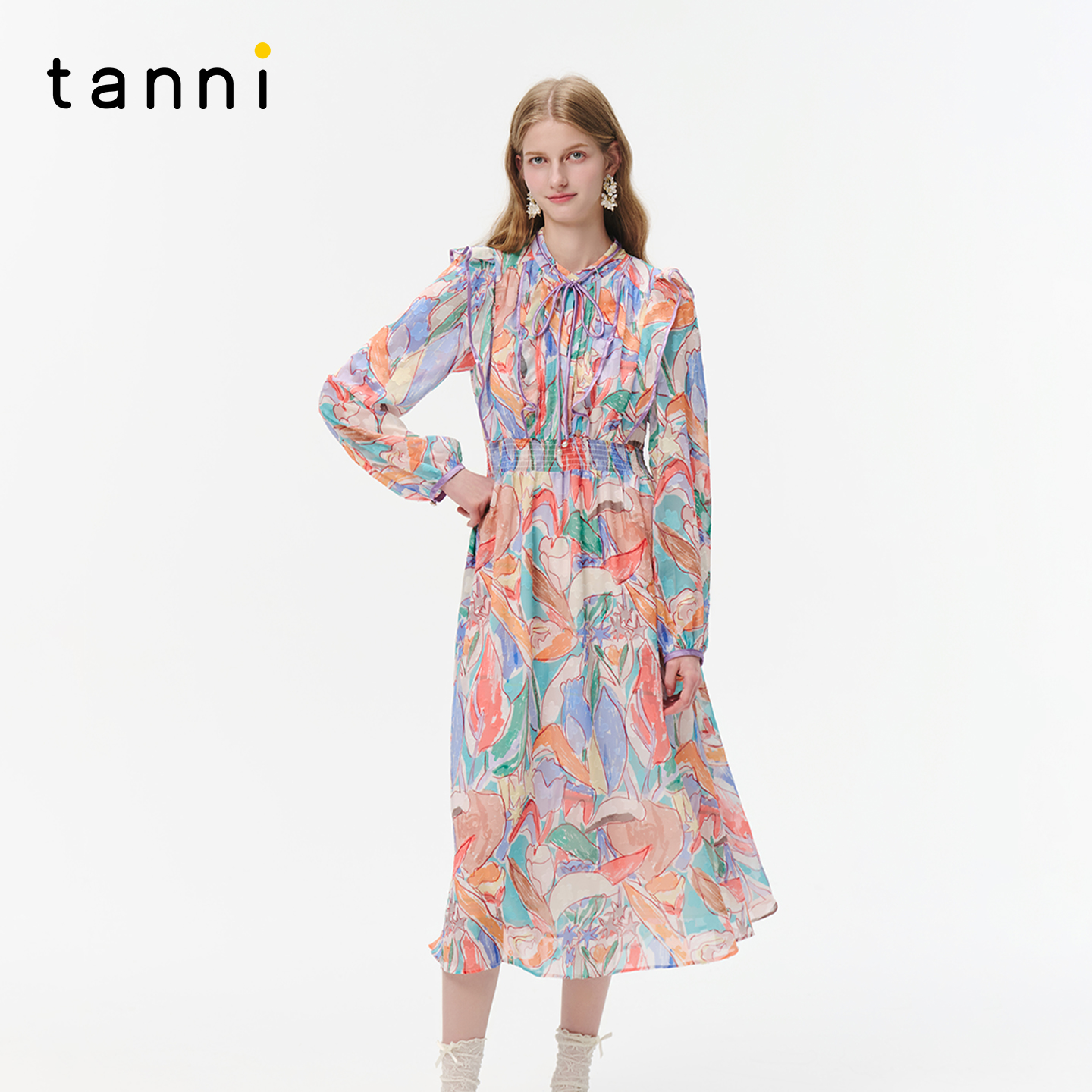 tanni25秋新款优雅浪漫花漾郁金香印花长袖连衣长裙TO31DR018A
