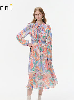 tanni25秋新款优雅浪漫花漾郁金香印花长袖连衣长裙TO31DR018A