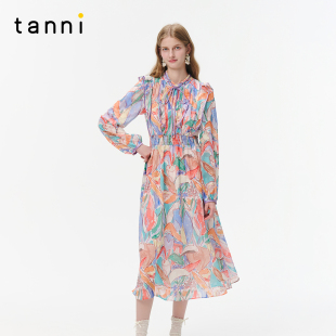 tanni早春新款 连衣长裙TO31DR018A 优雅浪漫花漾郁金香印花长袖