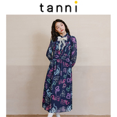 荷叶领淑女气质长款 tanni商场同款 复古印花修身 连衣裙TL31DR044A
