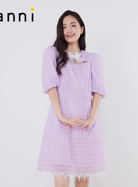 tanni新款圆领小A镂空拼接网纱中长款连衣裙TM11DR042B
