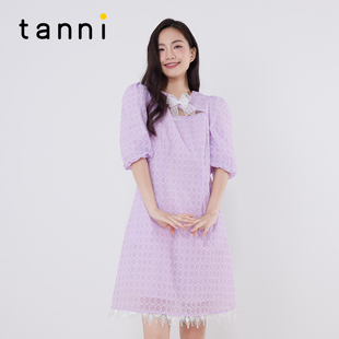tanni新款 连衣裙TM11DR042B 圆领小A镂空拼接网纱中长款
