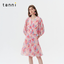 tanni25夏季新款粉色碎花套装裙V领衬衫上衣短裙两件套TO11BL014A