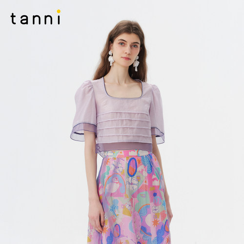 tanni方领蕾丝绑带泡泡袖上衣