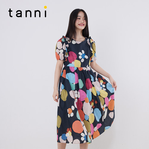 tanni法式撞色X版收腰连衣裙女