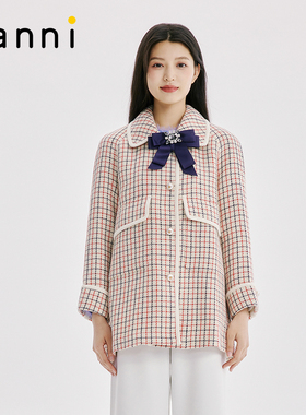 tanni韩系温柔气质淑女棋盘格纹优质毛呢大衣外套女TK31CO005A