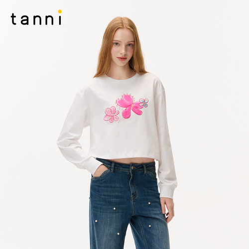 tanni新款休闲百搭花朵印花全棉短款长袖白色T恤上衣TO31TS011A