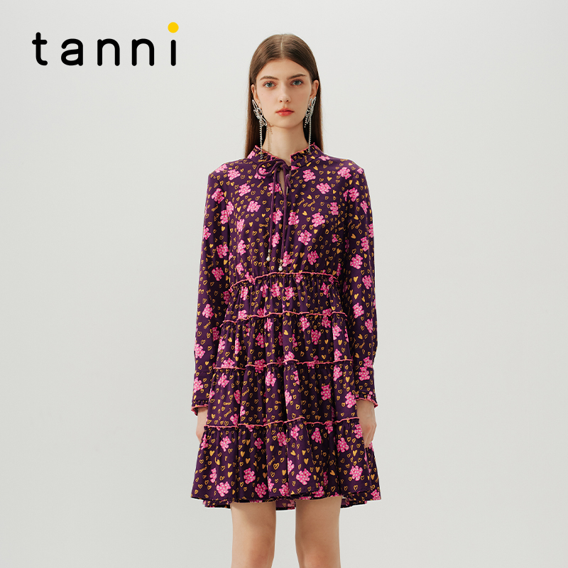 tanni复古风木耳边领长袖连衣裙