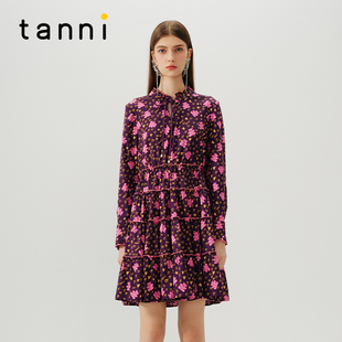 tanni新品 复古气质宫廷风木耳边立领印花连衣裙TN31DR054B
