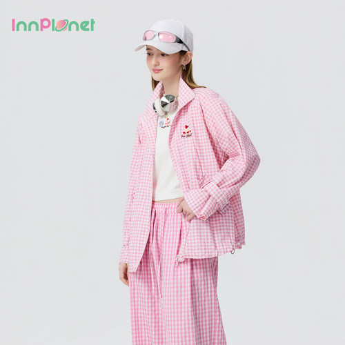 innplanet26夏季新款格纹回潮春日少女风立领拉链刺绣休闲外套女
