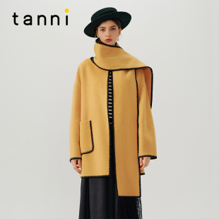 tanni新款 大衣外套TN31CO042A 优雅流苏围巾领双面呢中长款