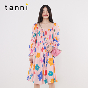 tanni优雅淑女清新纯棉方领中长款印花长袖连衣裙女TM11DR620A