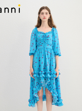 tanni新款法式复古方领车厘子女孩印花连衣裙TN11DR162A