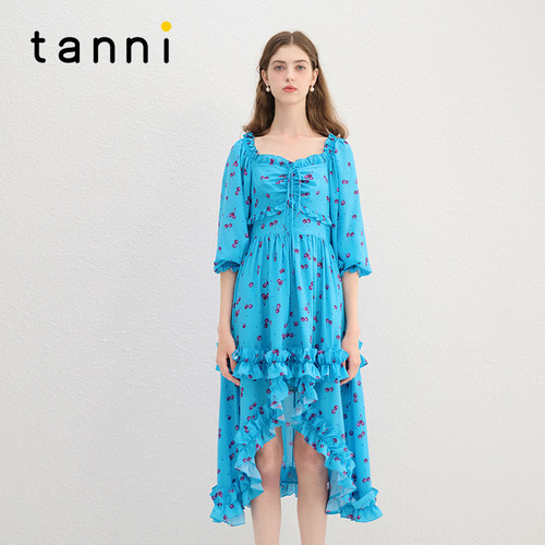 tanni法式复古方领印花连衣裙