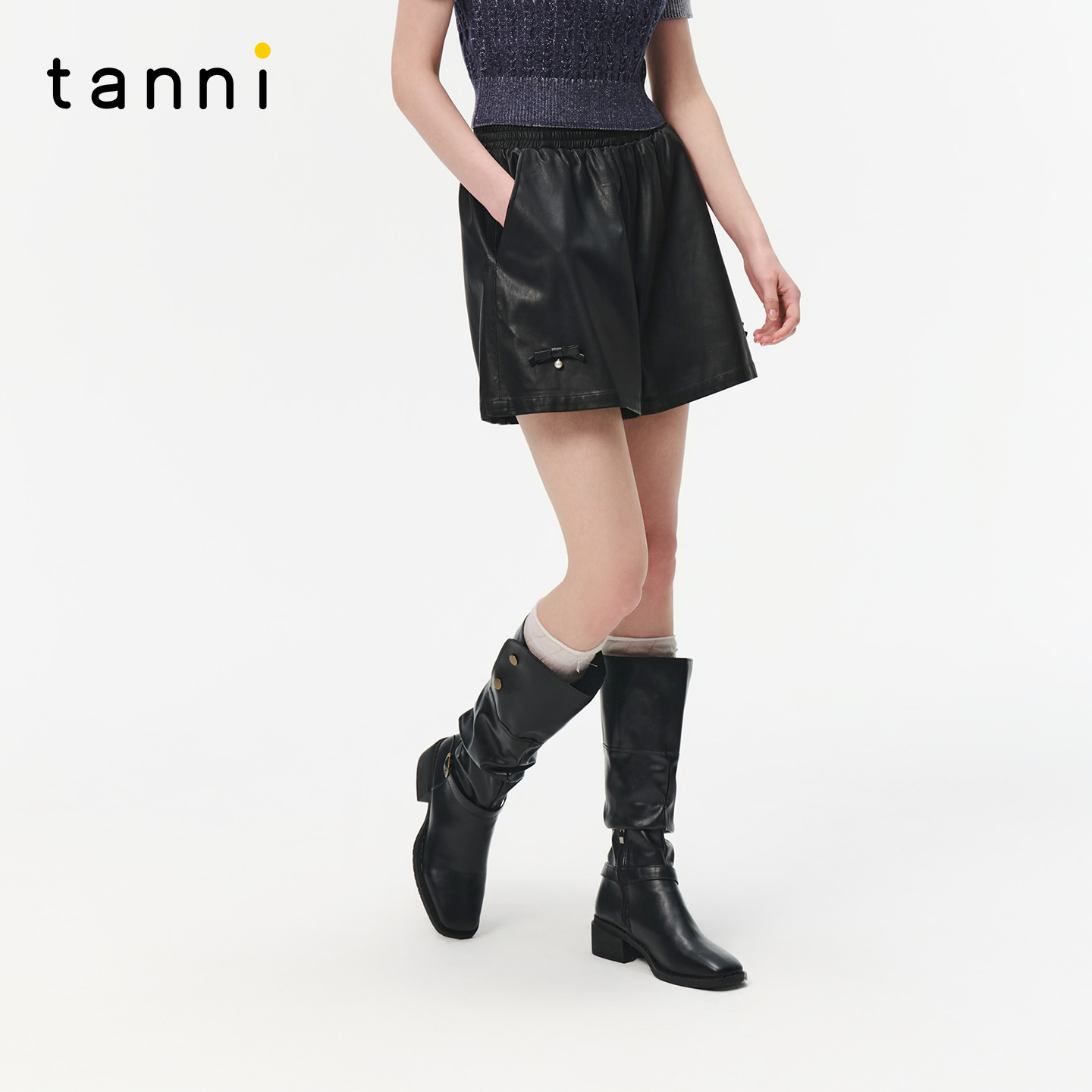 tanni25秋冬款甜美酷飒宽松百搭显瘦A型蝴蝶结皮质短裤TO31SP012A