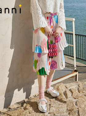 tanni新款清新文艺度假田园风伞形艺术花卉半身裙TO11SK901A