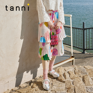 tanni新款 清新文艺度假田园风印花伞形半身裙TO11SK901A