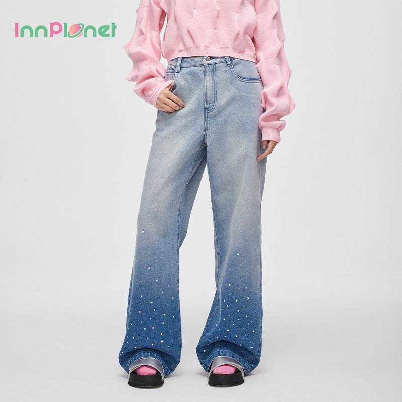 左航同款渐变色宽松直筒显瘦牛仔长裤