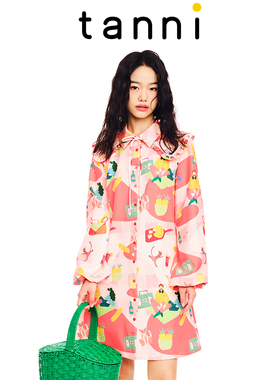 tanni商场同款A字修身甜美印花可拆卸娃娃领长袖连衣裙TL11DR063A