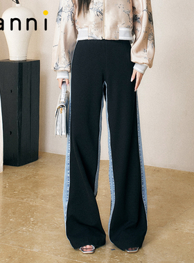 tanni设计师系列休闲百搭松紧腰显瘦宽松拼接阔腿裤TN11PA701A