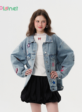 innplanet25春新款可爱俏皮甜酷风彩色印花牛仔外套PO11DE012A