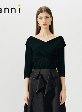 tanni新款设计师联名通勤交叉领弹力修身针织上衣TN11BL800A