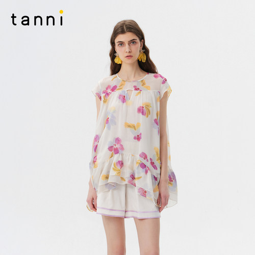 tanni花卉印花显瘦休闲V领上衣