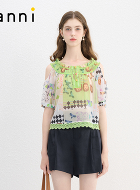 tanni通勤休闲甜美印花露肩设计感木耳边上衣TN11BL065A