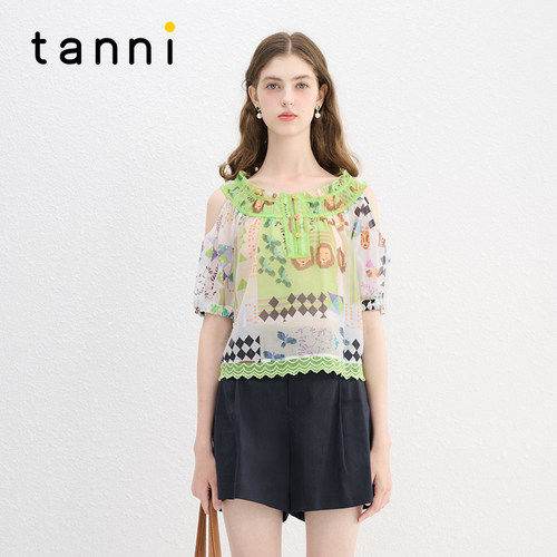 tanni甜美露肩设计感木耳边上衣