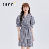 收腰中长款 tanni春夏款 温柔淑女风系带泡泡袖 连衣裙TL11DR021A