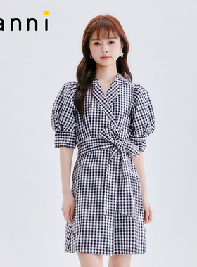 tanni春夏款温柔淑女风系带泡泡袖收腰中长款连衣裙TL11DR021A